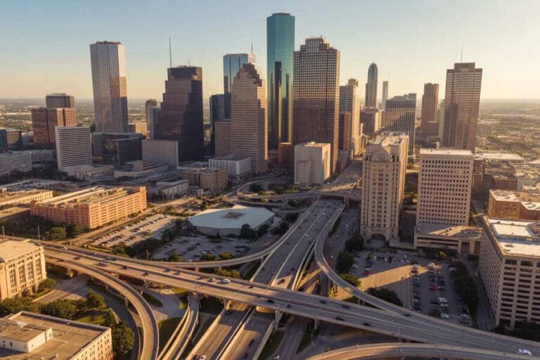Aerial view of a city skyline with tall skyscrapers and a multi-level highway interchange in the foreground.