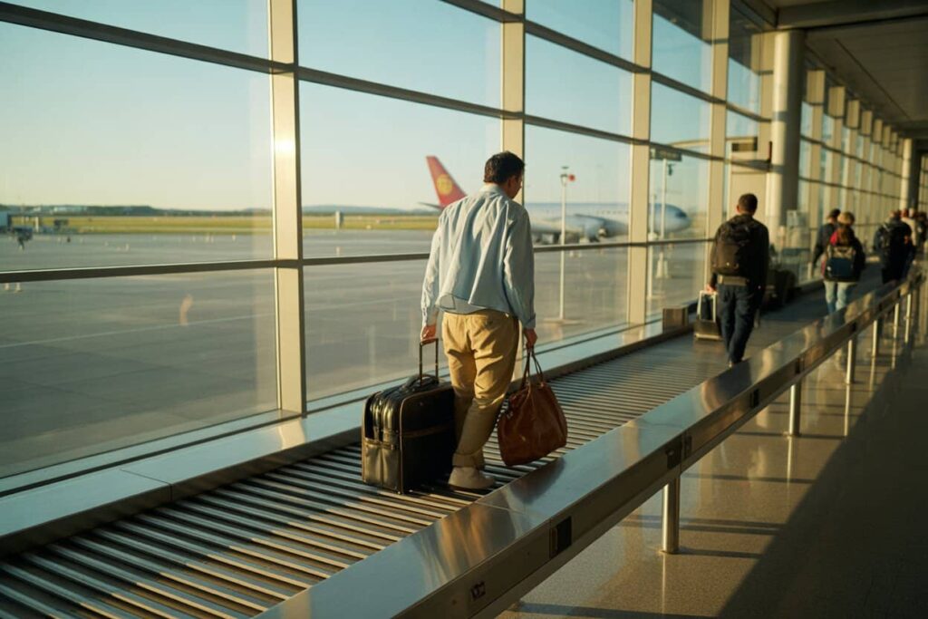 Man walking along a moving walkway at the airport with a black rolling suitcase and a brown duffel bag, sunlight streaming through large windows.