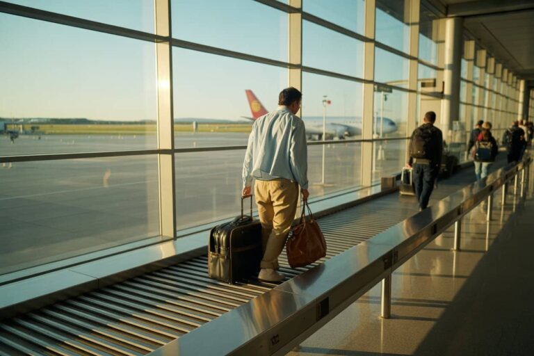 Man walking along a moving walkway at the airport with a black rolling suitcase and a brown duffel bag, sunlight streaming through large windows.