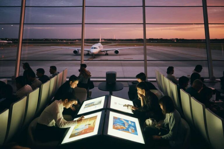 Passengers use large illuminated touch-screen kiosks at an airport gate while a plane sits on the tarmac at sunset outside the windows.
