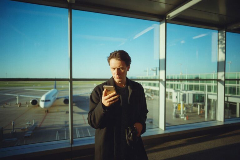 Man standing in an airport terminal, looking at his phone, with a jet parked outside the glass windows.