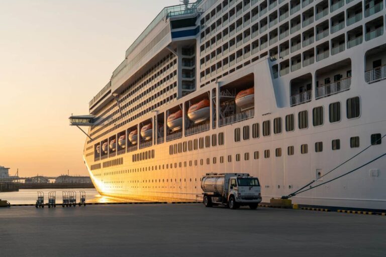 Large white cruise ship docked at sunset, lifeboats visible in the midsection, with a fueling truck nearby on the pier.