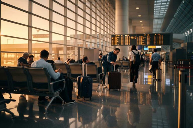 People seated in an airport terminal with boarding gates in the background as a man checks his suitcase.