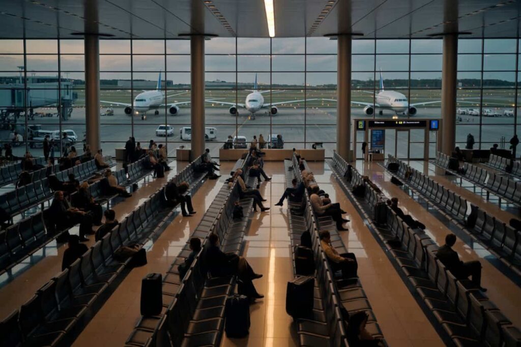 Airport departure lounge with rows of seats and travelers waiting; planes visible on the tarmac outside through large glass walls.