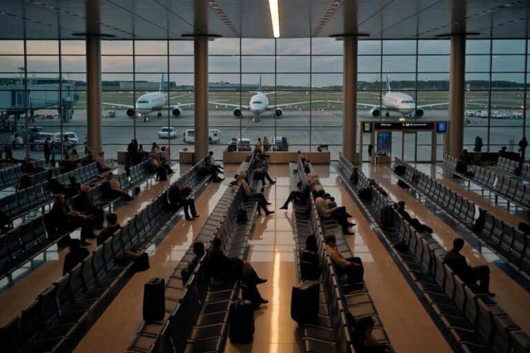 Airport departure lounge with rows of seats and travelers waiting; planes visible on the tarmac outside through large glass walls.