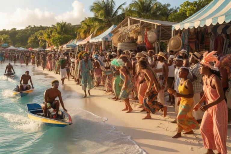 Crowd of festival-goers in colorful clothes line a sunny tropical beach market as two men in small boats glide along the shore.