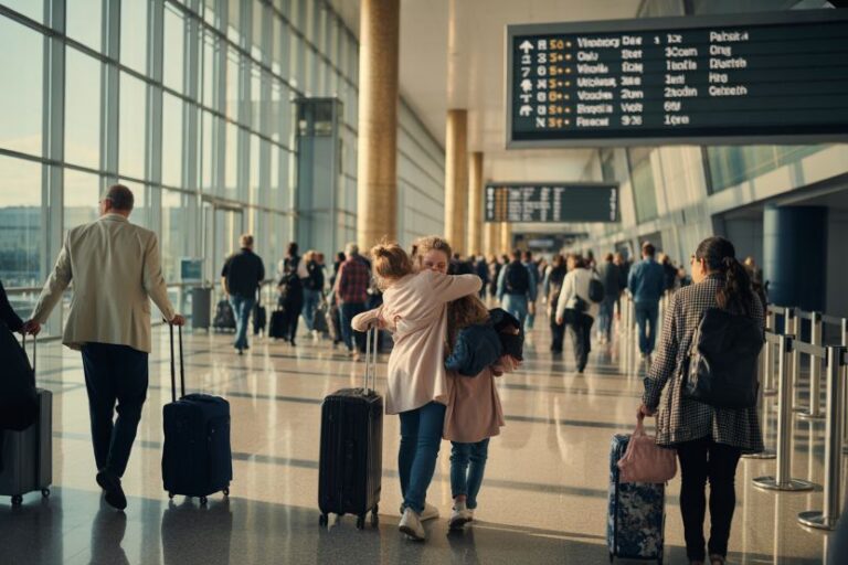 Airport concourse with travelers and luggage; a woman and child hug in the foreground.