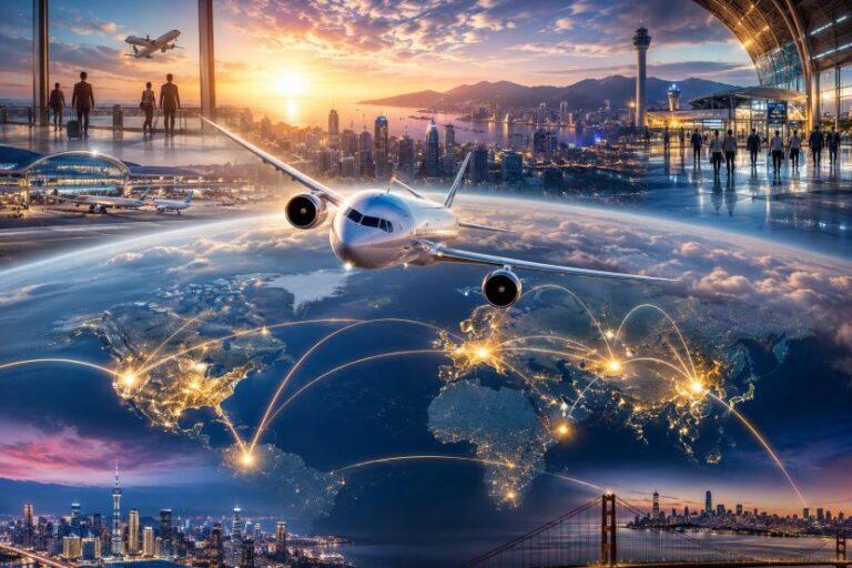 Jet over a glowing world map with curved flight routes, city skyline and airport terminal at sunset, illustrating global air travel connectivity.