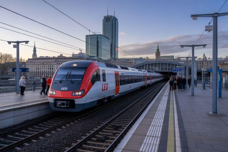 High-speed train at a city station platform with passengers boarding, modern buildings in the background.