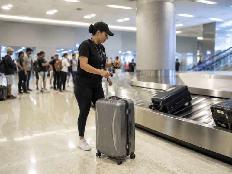 Traveler with a gray rolling suitcase at an airport baggage carousel, waiting near the conveyor belt.