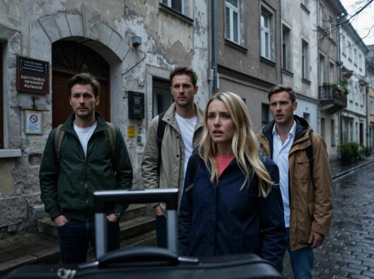 Four adults in jackets stand on a damp, cobblestone street, looking ahead at something off-camera near a car window.