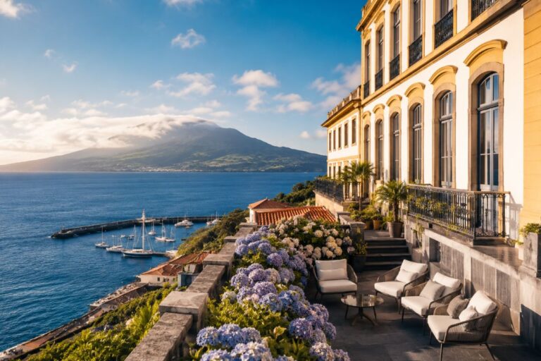 Terrace of a seaside villa with white cushioned seating, blooming hydrangeas, and a harbor of sailboats against blue water and distant hills.