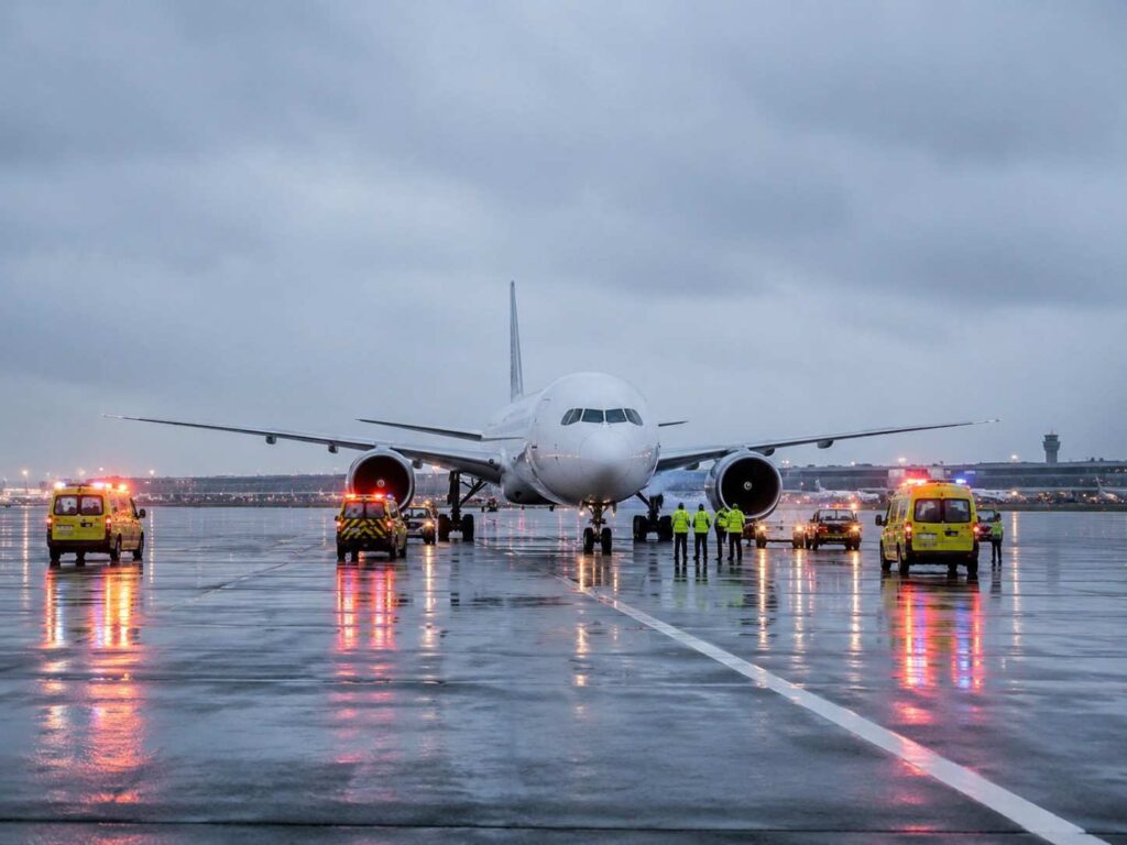 Front view of a large white airliner on a wet runway, with emergency vehicles and ground crew in high-visibility jackets.