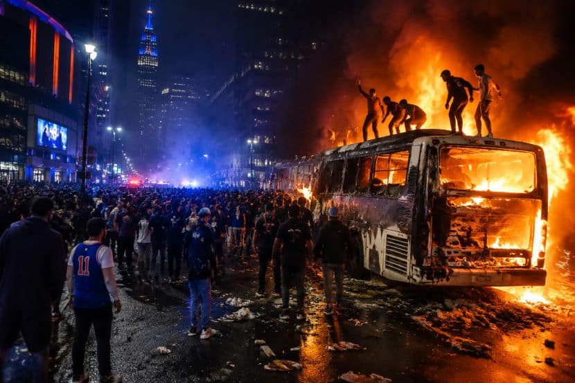 New York City Erupts in Total Chaos After Knicks Win as World Cup Shuttle Bus Goes Up in Flames in Manhattan Amid Wild Street Celebrations and Security Meltdown