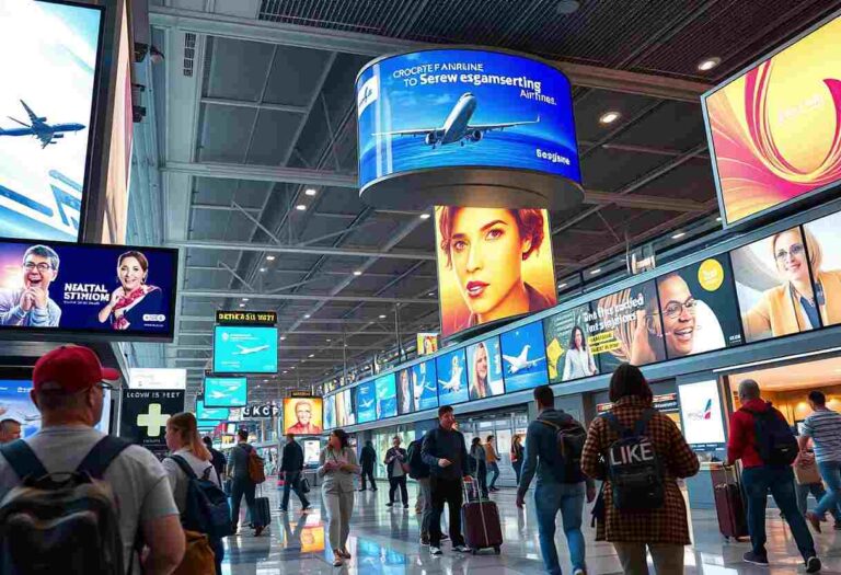 Busy airport concourse with travelers pulling suitcases under large hanging digital ads and screens.