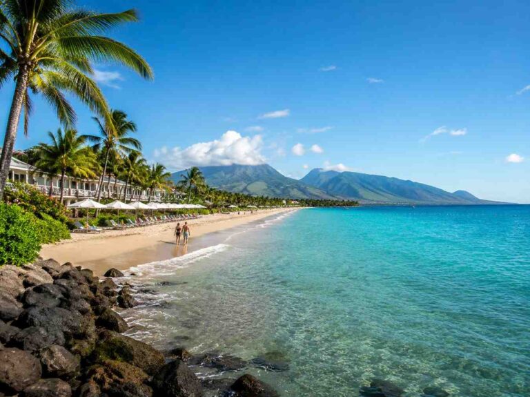 Tropical beach with palm trees, white sand, and turquoise water, backdropped by green mountains under a bright blue sky.