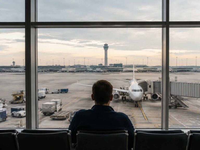 Man seen from behind sitting in an airport gate area, looking at a white passenger jet parked at the gate.