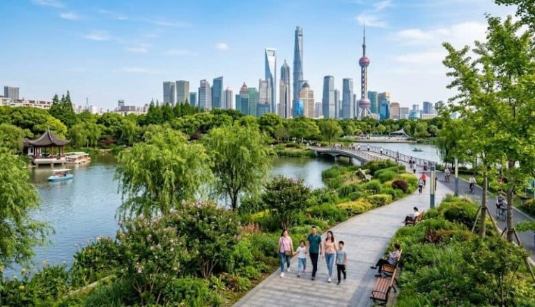 Family walking along a paved path beside a calm lake in a lush city park, with Shanghai's skyline in the distance.