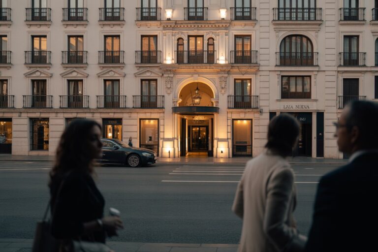 Dusk street view of a grand, pale building with an ornate central archway and warm interior lights, pedestrians blurred in the foreground.