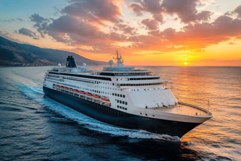 Cruise ship sailing at sunset with orange sky and distant mountains on the horizon.