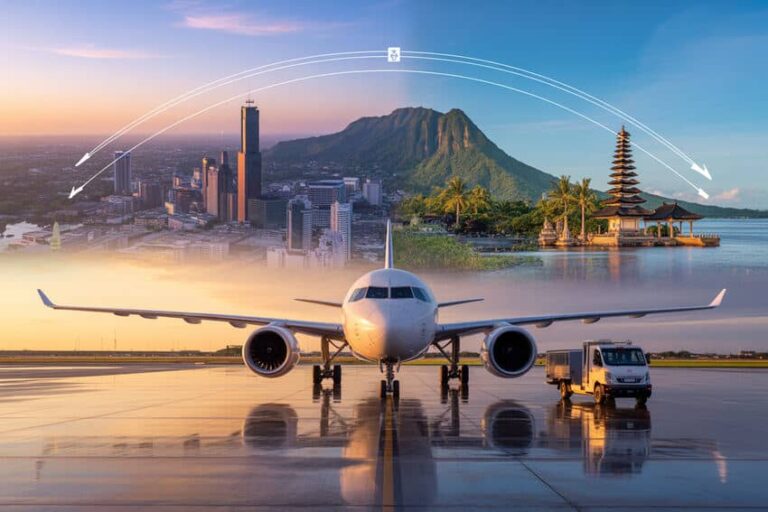 Airplane on a wet runway with a city skyline, mountains, and a pagoda in the background during sunset, with curved flight-path graphics above.