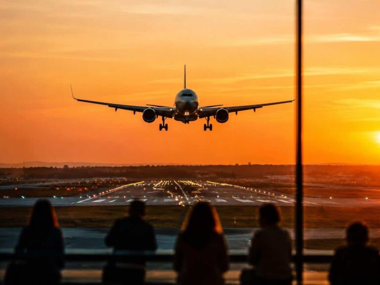 Airliner descending toward the runway at sunset with silhouetted spectators in the foreground.