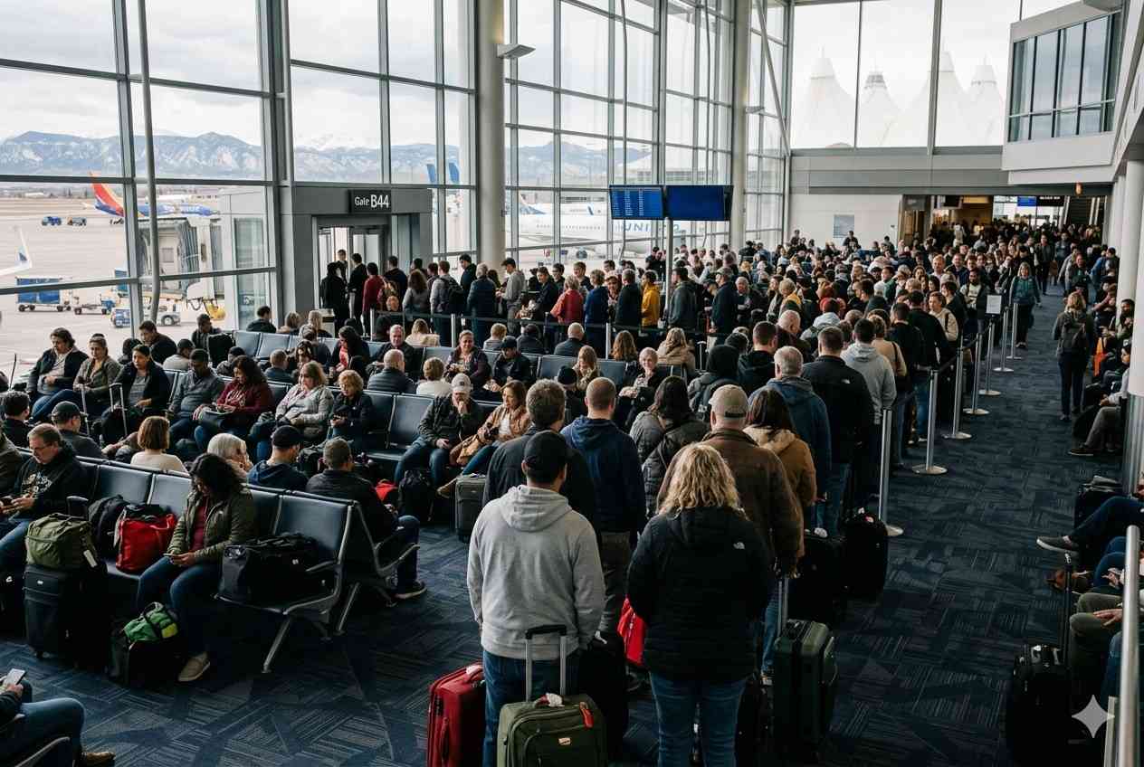 Passengers Stranded at Denver International Airport As Delta Air Lines, Southwest, Skywest Face 5 Cancellations and 344 Delays, Disrupting Travel to Major Routes Across Los Cabos, Cancun, Punta Cana, Keflavik, Tokyo Narita