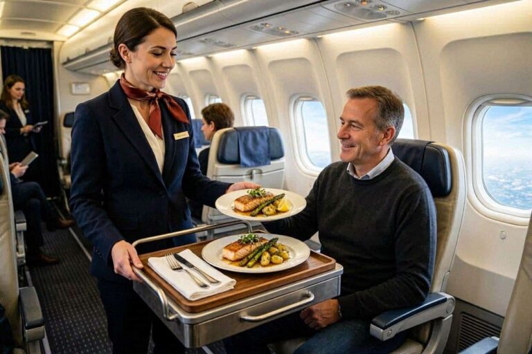 Flight attendant in uniform serves two plated meals on a trolley to a seated passenger mid-flight in the cabin as others sit nearby.]?
