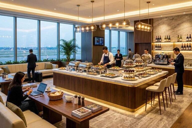 Modern lounge with a central buffet of hot dishes and pastries; staff serve guests while a guest works on a laptop at a table.