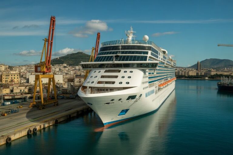 Large white cruise ship docked at a port with yellow gantry cranes and a city backdrop on the shore.