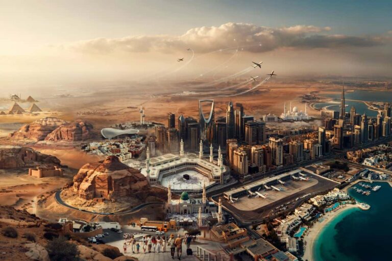 Futuristic desert city around the Grand Mosque, with skyscrapers, pyramids, and a coastline, as planes carve arcs overhead.