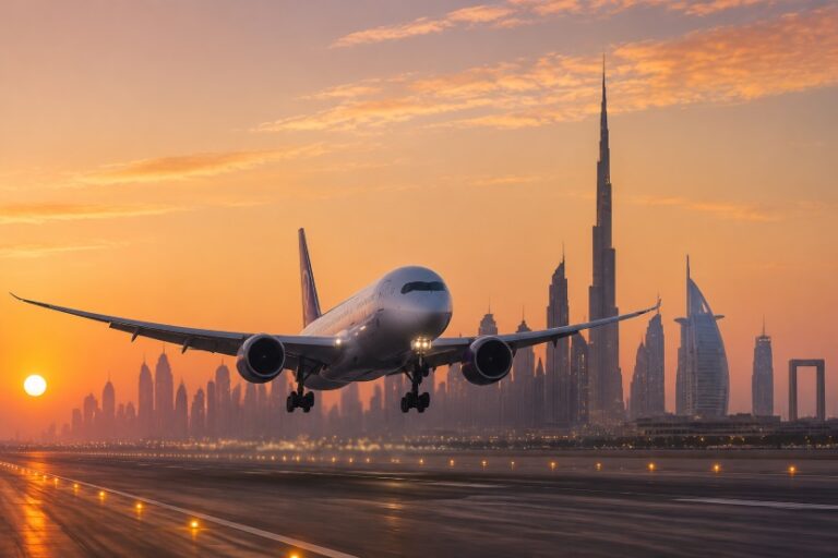 Airplane landing on a runway at sunset with a skyline of tall skyscrapers in the background