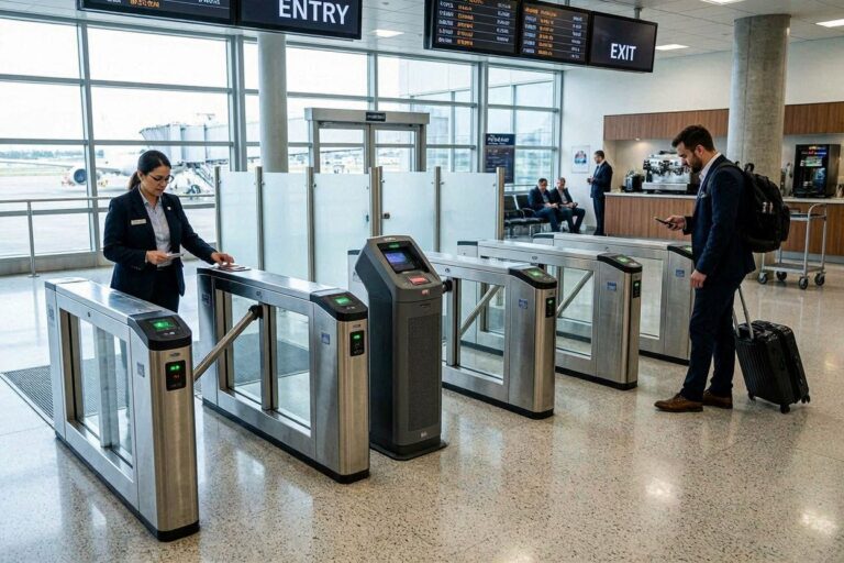 Airport security gates with a staff member at left operating a card reader while a traveler with a suitcase waits at right in a modern terminal.