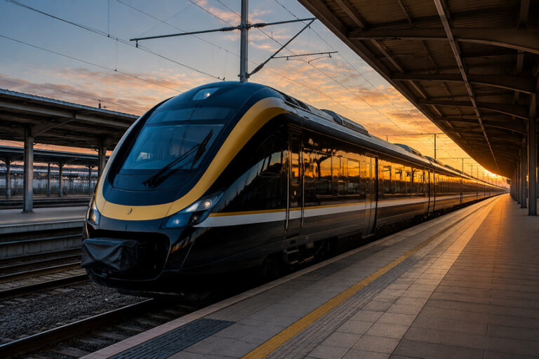 High-speed train at a sunlit platform, sleek dark body with yellow stripe, awaiting departure at sunset.