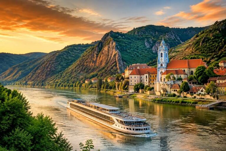 White river cruise boat glides along a calm river beside a hillside town with a tall church tower at sunset.