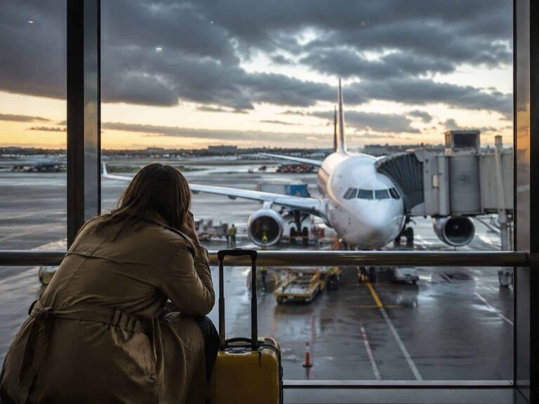Traveler with a yellow suitcase waits at the jet bridge, watching a plane at the gate at sunset/dusky sky.