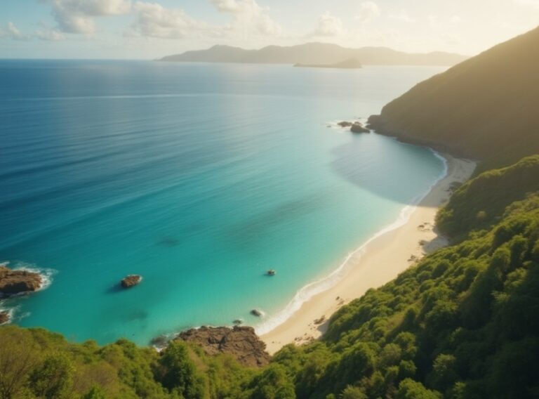 Turquoise bay with a curved white-sand beach bordered by green cliffs and distant islands under a sunny sky.