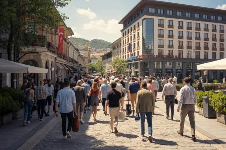 Crowded pedestrian street in a city with shops on both sides and people carrying bags on a sunny day