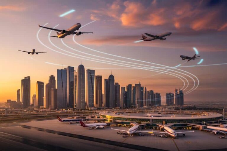 Sunset city skyline with tall buildings as planes fly overhead, following bright curved flight paths above the airport.