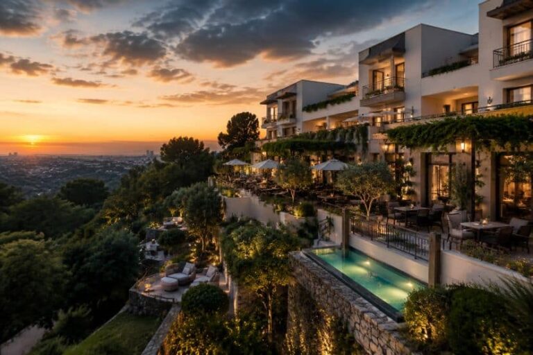 Luxury hillside resort at sunset with an outdoor pool, terraces, and white buildings overlooking a cityscape.