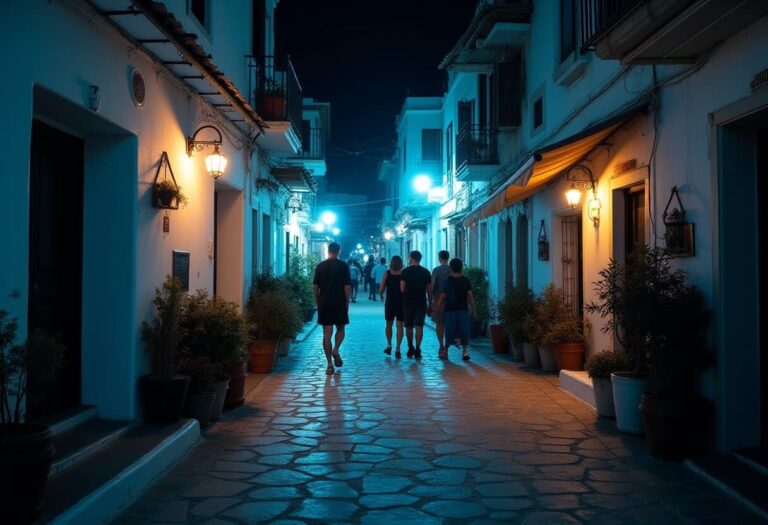 Pedestrians walk down a narrow blue-lit cobblestone street at night, flanked by potted plants and warm wall lamps.