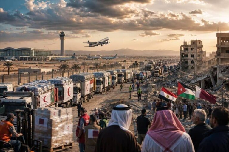 Aid trucks with red crescent logos line a dusty road beside a ruined city as a plane takes off from a nearby airport runway close by the damaged buildings.