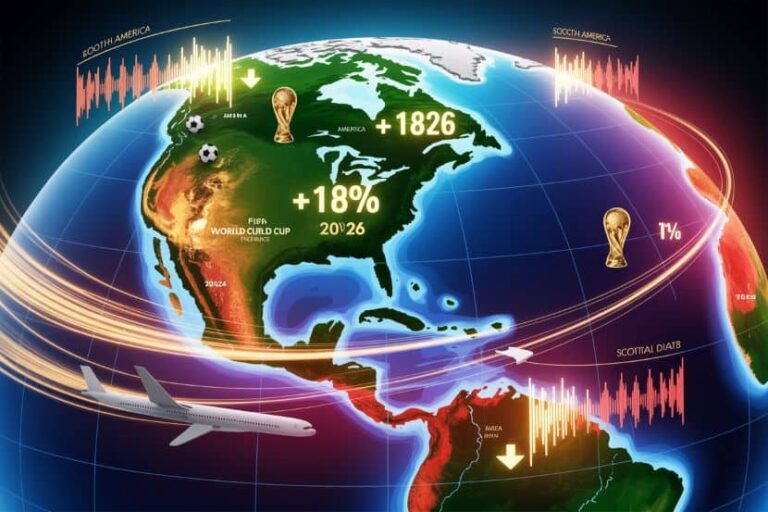 Globe infographic with North America highlighted, showing +18% and world cup icons, plus an airplane and glowing orbital rings.