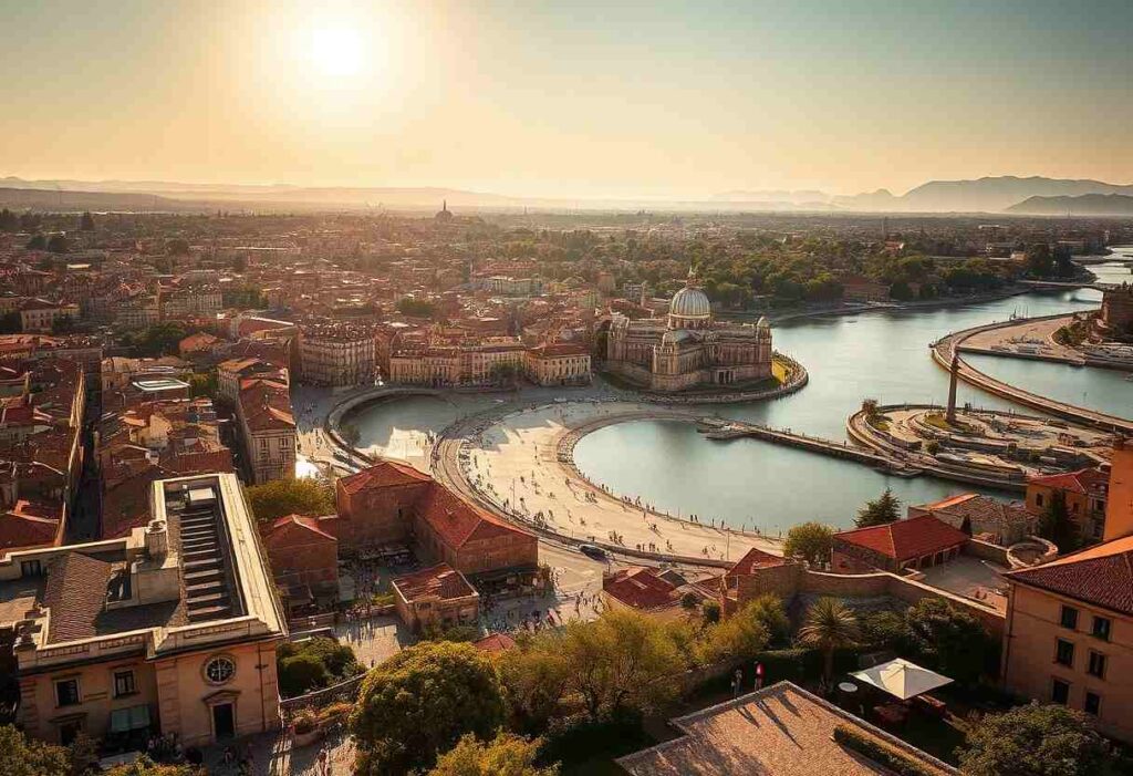 Aerial view of a city along a winding river at sunset, with a large domed building and a curved riverside promenade visible.