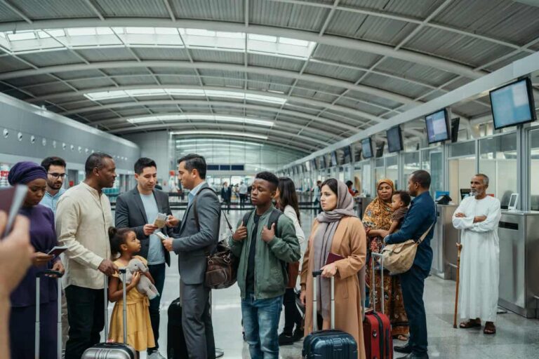 Diverse people with suitcases gather at an airport check-in area, engaging with staff and holding tickets or documents.