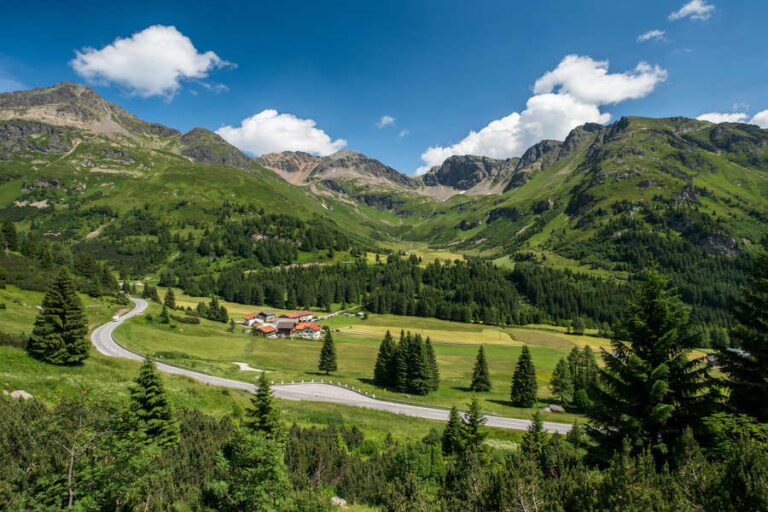Alpine valley with a winding road, green meadows, and a cluster of red-roofed houses set among evergreen trees under a blue sky.