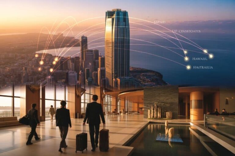 Business travelers with luggage walk through a modern hotel lobby as a city skyline and glowing arcs suggest global connections at a distance.