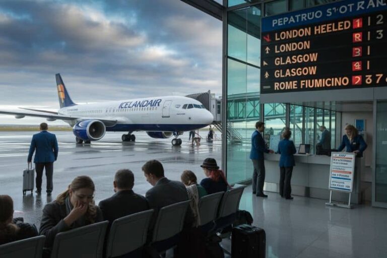 Icelandair airplane at the gate with passengers seated in the terminal and staff at a check-in/arrival desk nearby, a large departure board visible overhead.