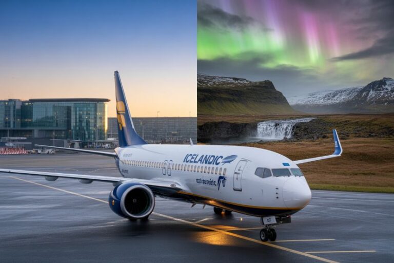 Airplane on a wet runway at sunset, with a modern airport terminal on the left and the aurora over mountains on the right.