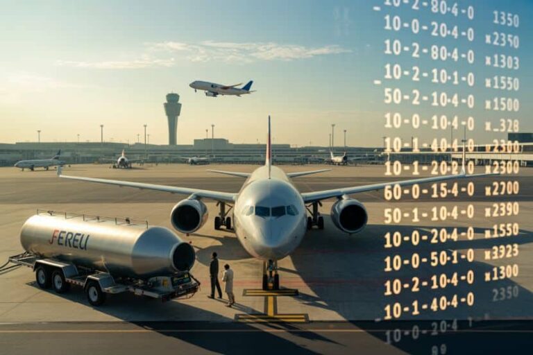 Jet airliner parked at gate with fuel tanker nearby and other planes taking off in the background; airport control tower visible on a sunny tarmac.
